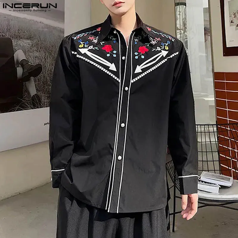 INCERUN Tops 2024 Fashion Men\'s Patchwork Color Contrast Printed Shirts Casual Personality Male Lapel Long Sleeved Blouse S-5XL