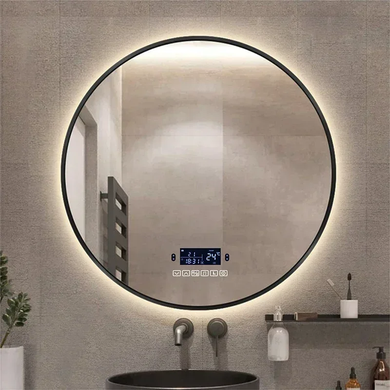 Round Black Frame LED Smart Bathroom Makeup Mirror With Bluetooth Body Induction Defogging 3 Color Light Cosmetic Mirror