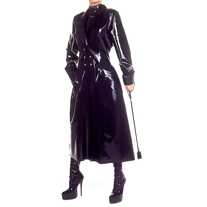 Black Sexy Latex Robe With Double Breasted Buttons At Front Rubber Coat Jacket YF-0435