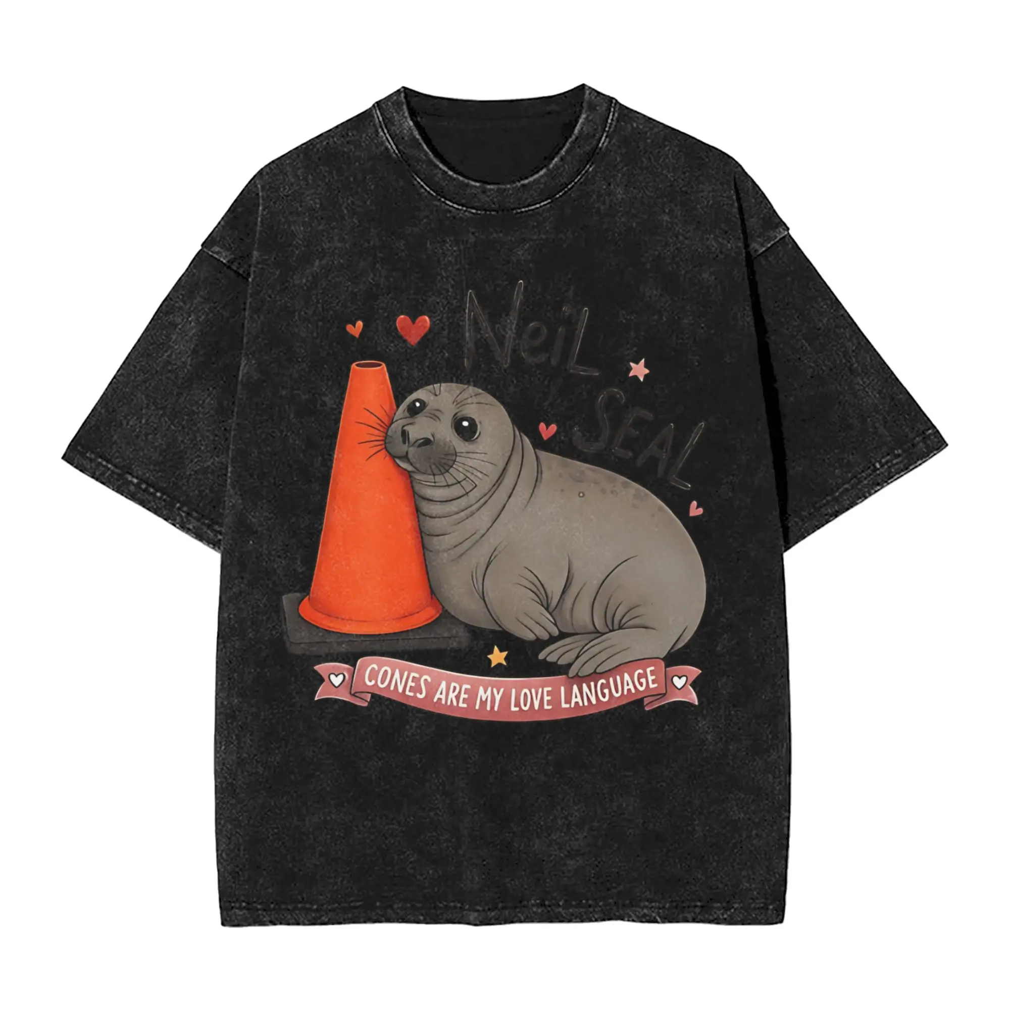 Neil the Seal Traffic Cone Lover T Shirts Washed 100% Cotton Oversize T-Shirt Vintage for Men Women Tops Streetwear Printed Tees