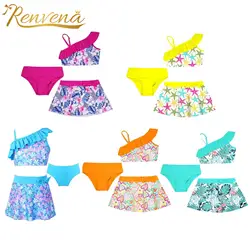 3Pcs Kids Girls Swimming Suit Ruffled Swimwear Floral Print Crop Tops Skirt Briefs Swim Set for Beach Pool Swimsuit Bathing Suit