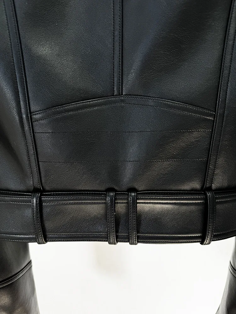 High quality designer fashion shrugged double breasted zipper short women's motorcycle socialite leather jacket