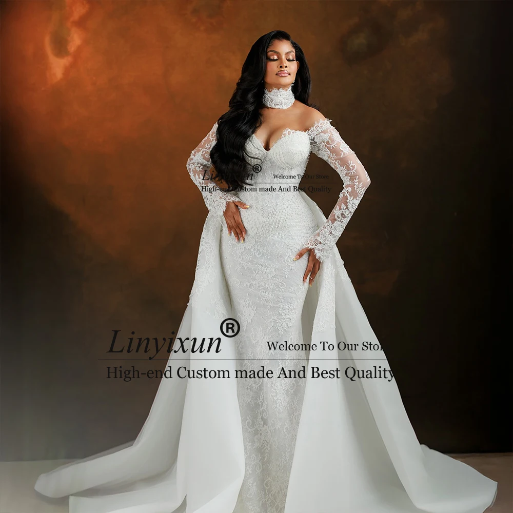 

Gorgeous Lace Wedding Dresses Detachable Train Mermaid Bridal Gowns Women Bride Dress Customized Long Sleeves robe de mariée