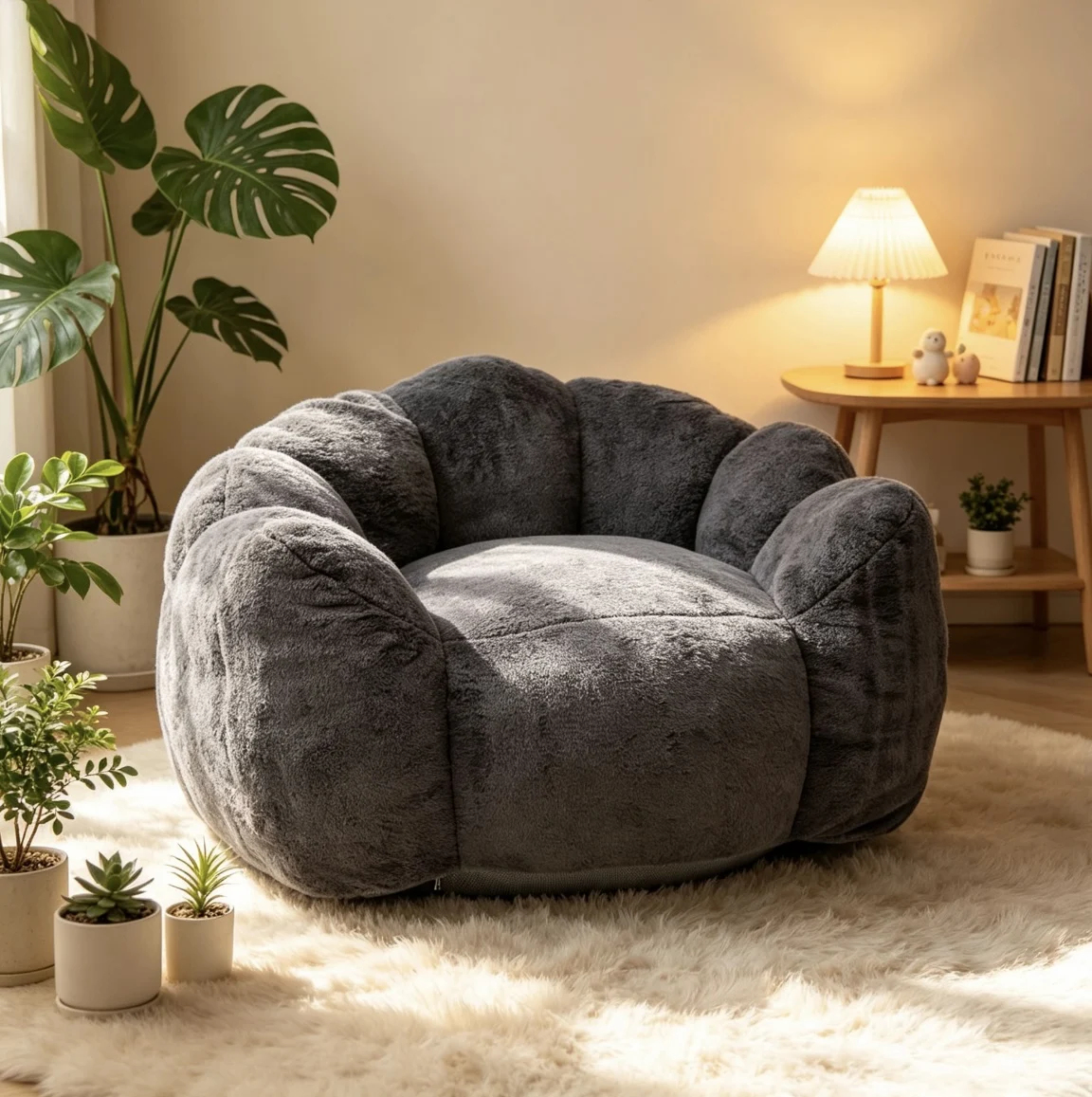 Large Petal Cloud Lounge Chair, Artificial Rabbit Velvet Lazy Sofa, Cozy Wrap-Arm Single Seat for Bedroom, Living Room & Gaming