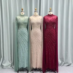 YQLNNE Luxury Saudi Arabia Crystals Evening Dresses With Cape Sage Green High Collar Beaded Long Mermaid Weddding Party Gown