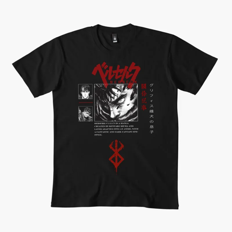 

0325 Guts Berserk Japanese Anime Gift t shirt 100% cotton print clothing Swordsman Manga Graphic Tee Y2K clothes Large size Tops