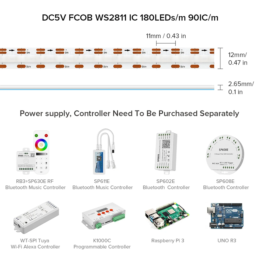 FCOB SPI RGB IC LED Light Strip DC5V WS2811 Addressable 180 LEDs Smart Pixels Magic Flexible FOB COB Light 1 IC to 2 LEDs RA90