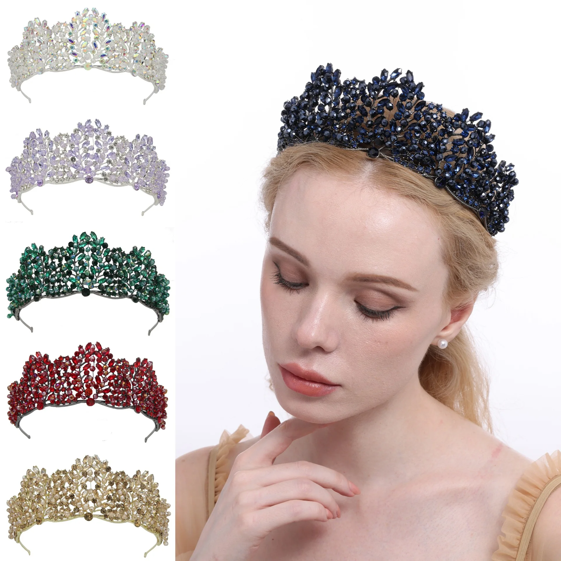 

Baroque Royal Queen Crystal Bridal Tiaras Crowns For Women Red Rhinestone Pageant Diadem Veil Tiara Wedding Hair Accessories