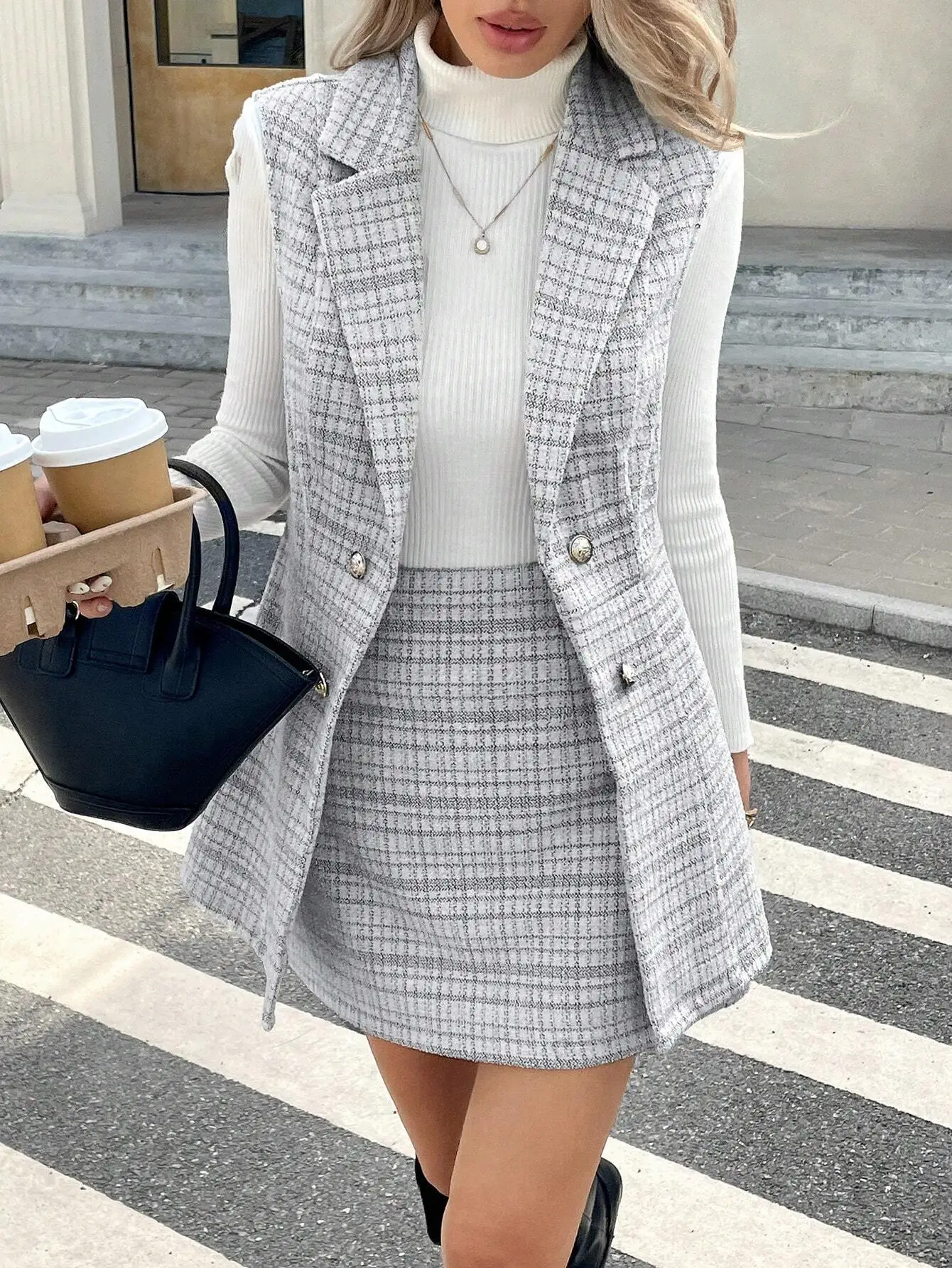 Women Plaid Double-Breasted Vest And A-Line Skirt Set Tweed Office Lady Casual Autumn Winter