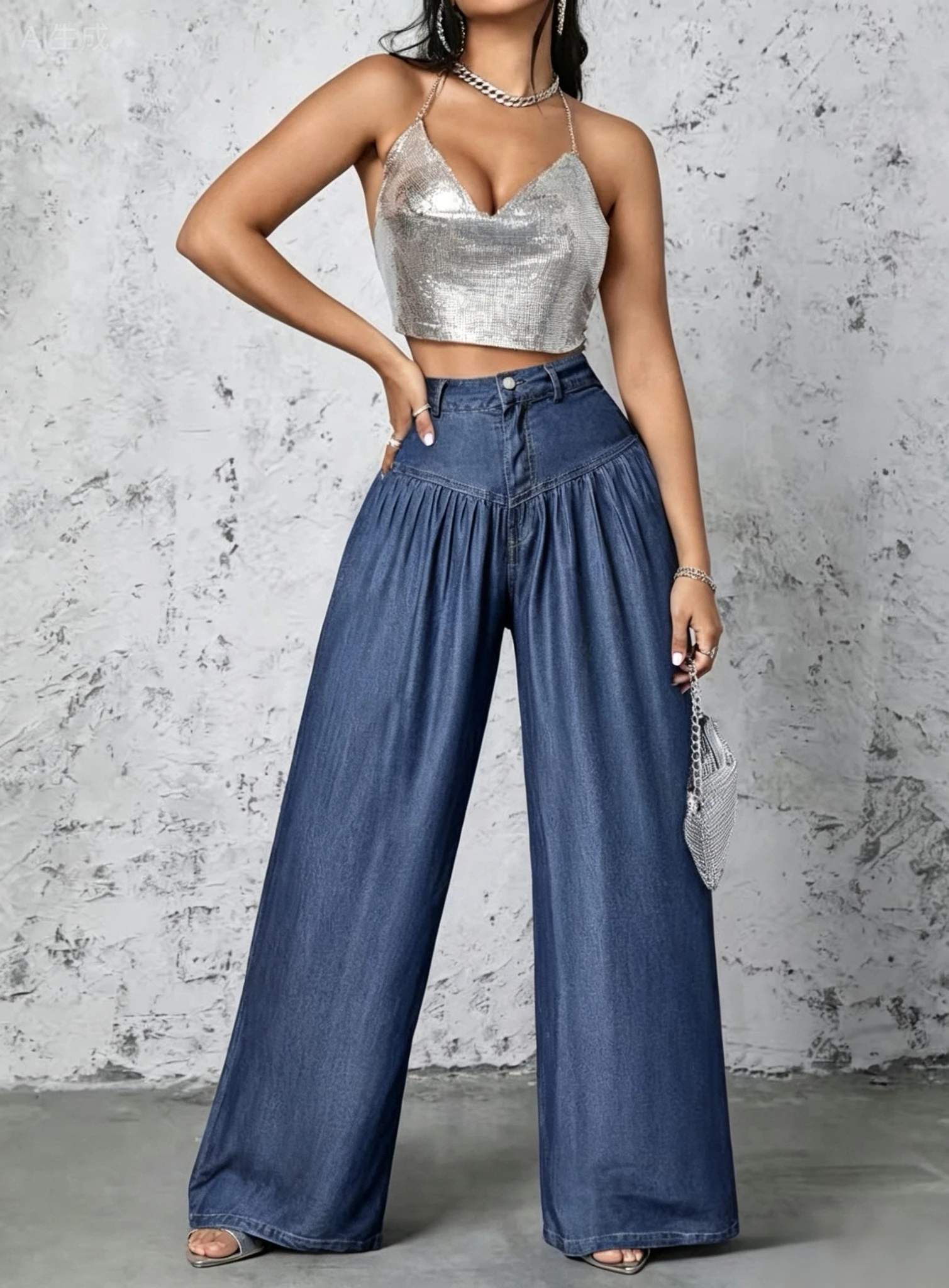 High-waisted, V-shaped Pleated Denim Wide-leg Pants with a Trendy, Chic Style—Flowy, Relaxed-fit, Floor-length Trousers.