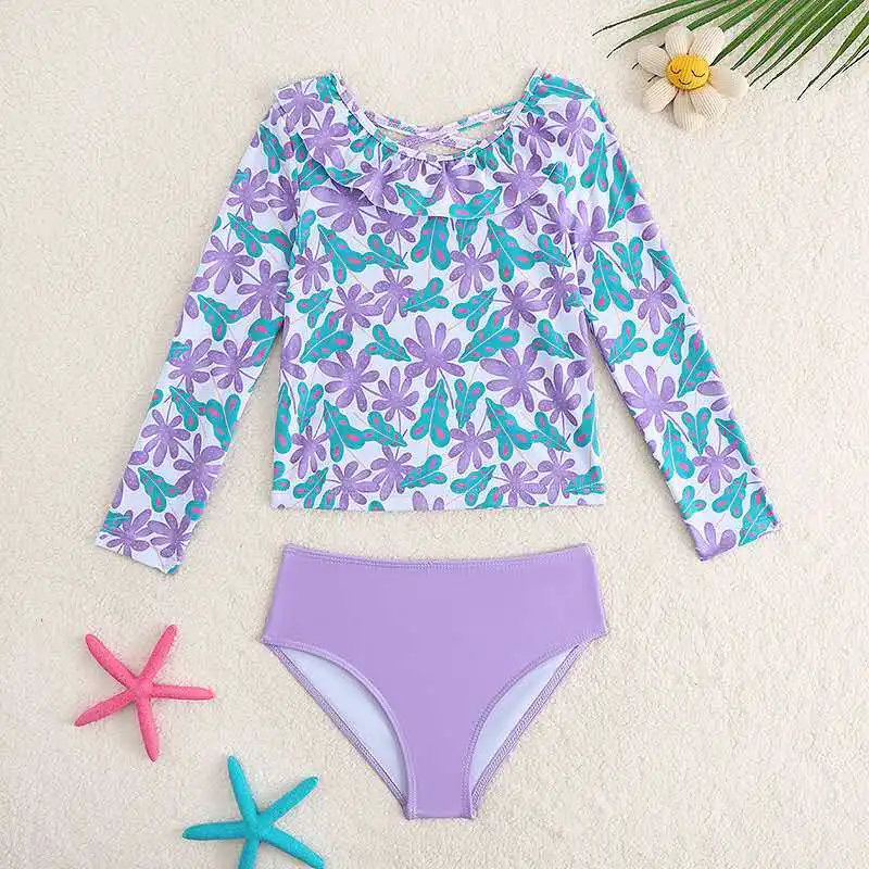 

Girls High Waist Bikini Sets with Floral Print Crop Tops Kids Swimsuit 7-12 Years Children's Swimwear 2025 Teens Bathing Suit