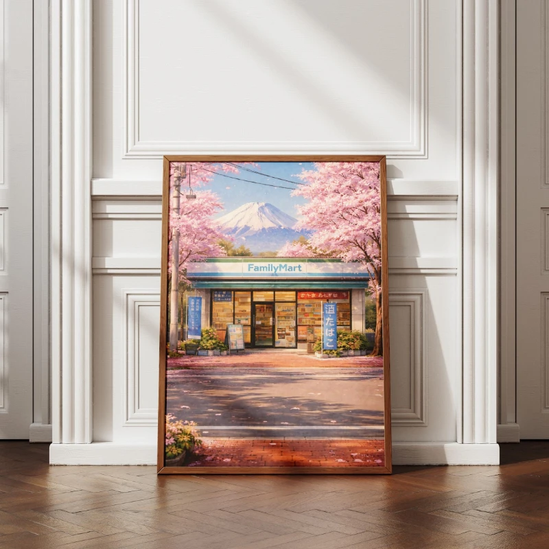 Japan Illustration Nostalgic Convenience Store Wall DecorCozy Konbini Art Print, Spring Summer Autumn Winter  Sakura Travel Gift