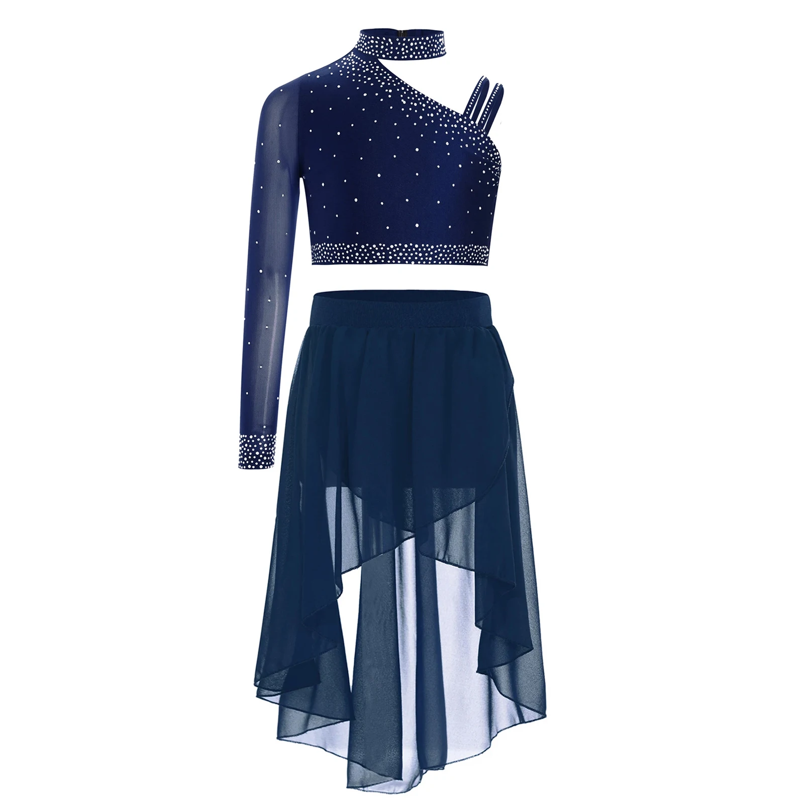 

Kids Girls Rhinestones Crop Top with Skirt Clothes Set for Fugure Skating Lyrical Ballet Jazz Dance Studio Practice Performance