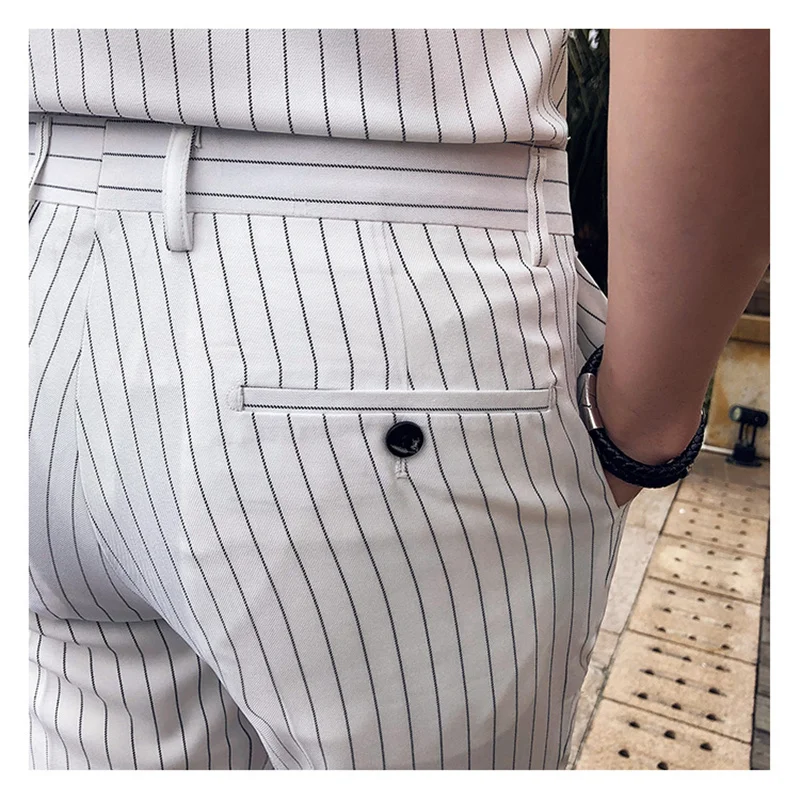 2023 Men Stripe Pants Slim Fit Midwaist Trousers Classic Vintage Check Suit Male Wedding Pants Men Business Formal Trousers 35