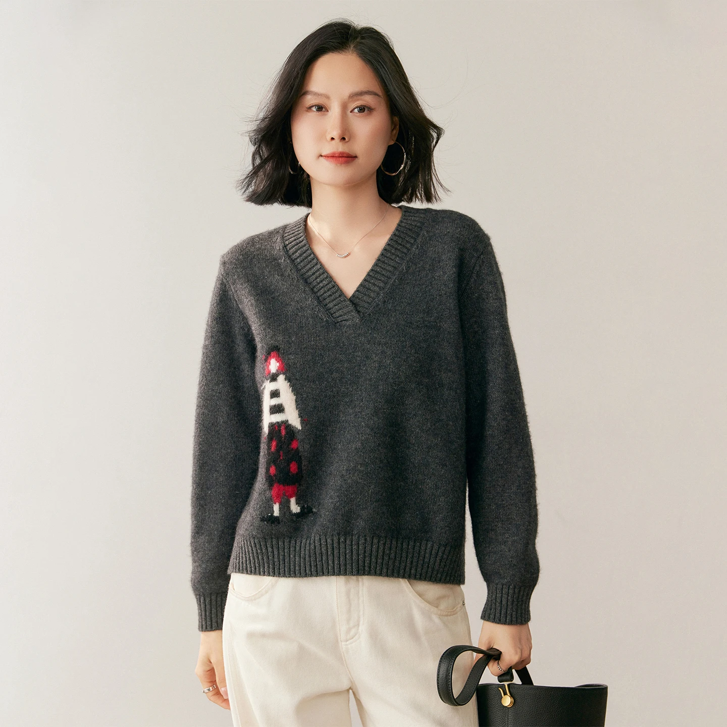 Autumn Winter New 100% Cashmere Knitted Sweater Women's V-Neck Pullover Fashionable Korean Cartoon Embroidery Large size Tops
