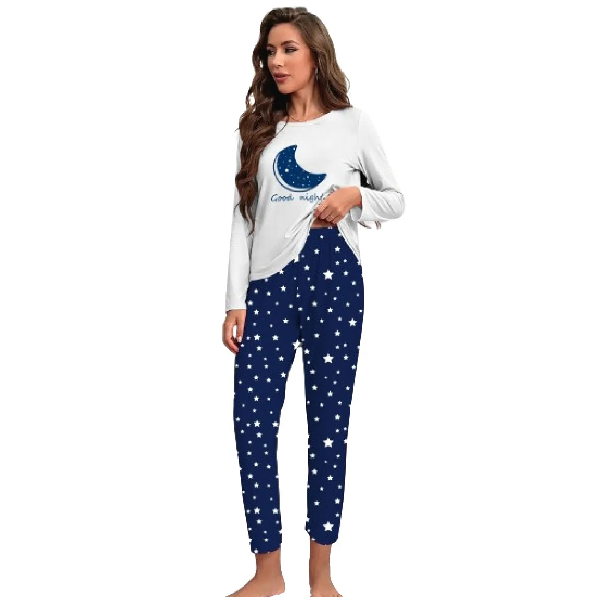 

Women's pajama set Moon Print casual and comfortable white crew neck T-shirt short sleeve blue starry night pants women's pajama