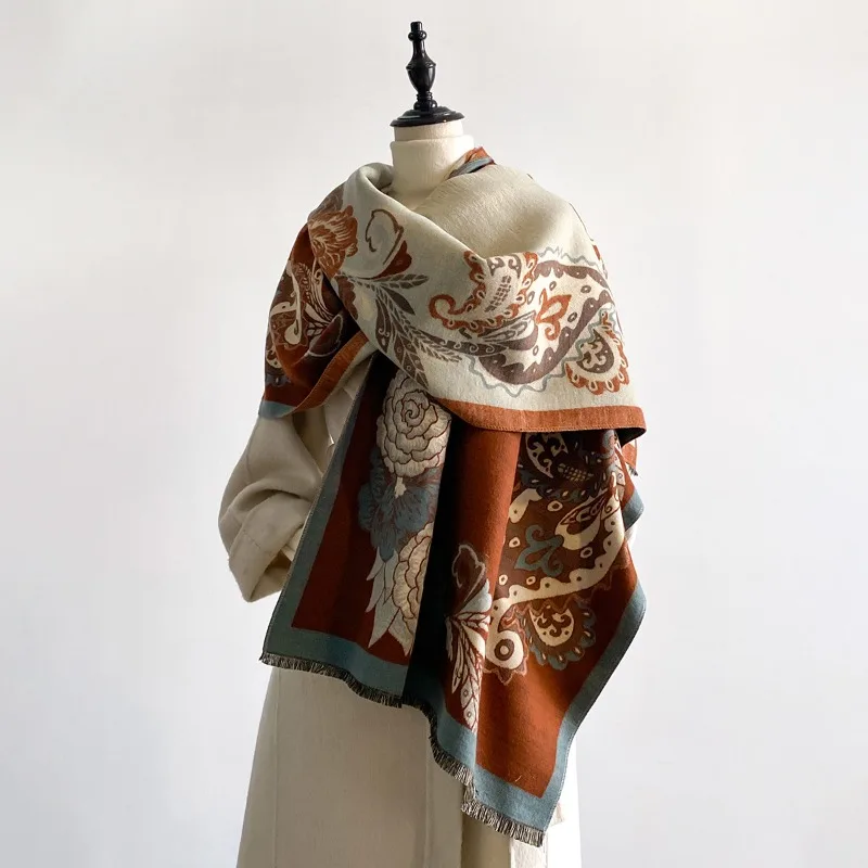 

High-end Autumn/Winter New Faux Cashmere Scarf Chinese Style Floral Paisley Thick Fringed Shawl Neck Wrap