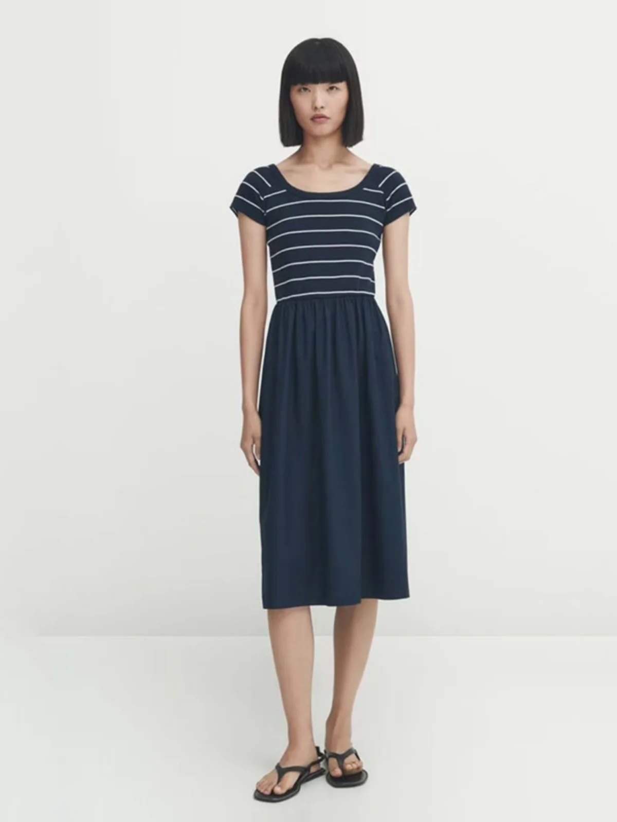 Rétro artistique rayé coton rond Ne ort Sve t-shirt Patchwork trajet Dr MD femmes Faion automne nouveauté