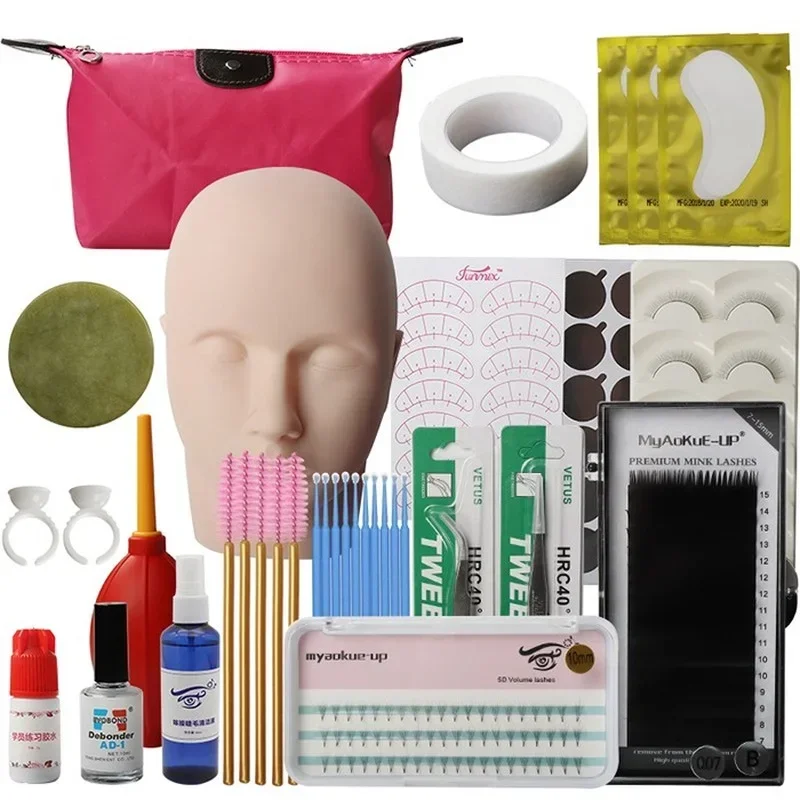 

False Eyelash Extension Training Kit Practice Model Head Eye Pads Tweezers Glue Ring Brush Grafting Eyelash Tools Kit