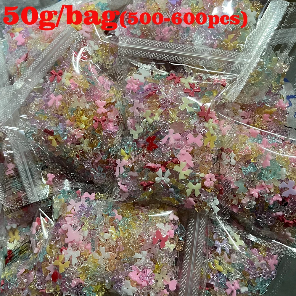 50g(500-600pcs) Kawaii 수지 혼합 미니 보우 네일 매력 DIY 한국어 오로라 리본 Bowknot 라인 석 네일 아트 장식