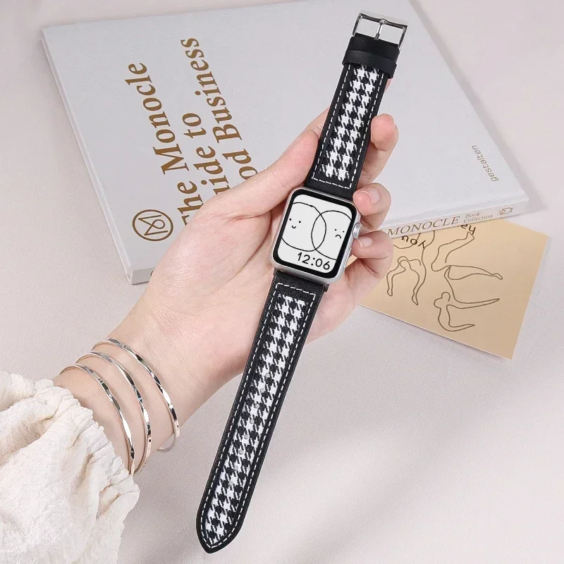 Cinturino per Apple Watch 38/42mm cinturino in pelle pied de poule Iwatch Ultra 49mm S8 cinturino da donna Se 40mm/44mm 41/45mm serie 987654321