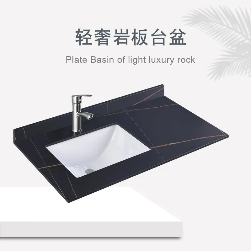 

Slate countertop imitating marble countertop, ceramic basin under countertop, bathroom washbasin, bathroom cabinet, washing hous