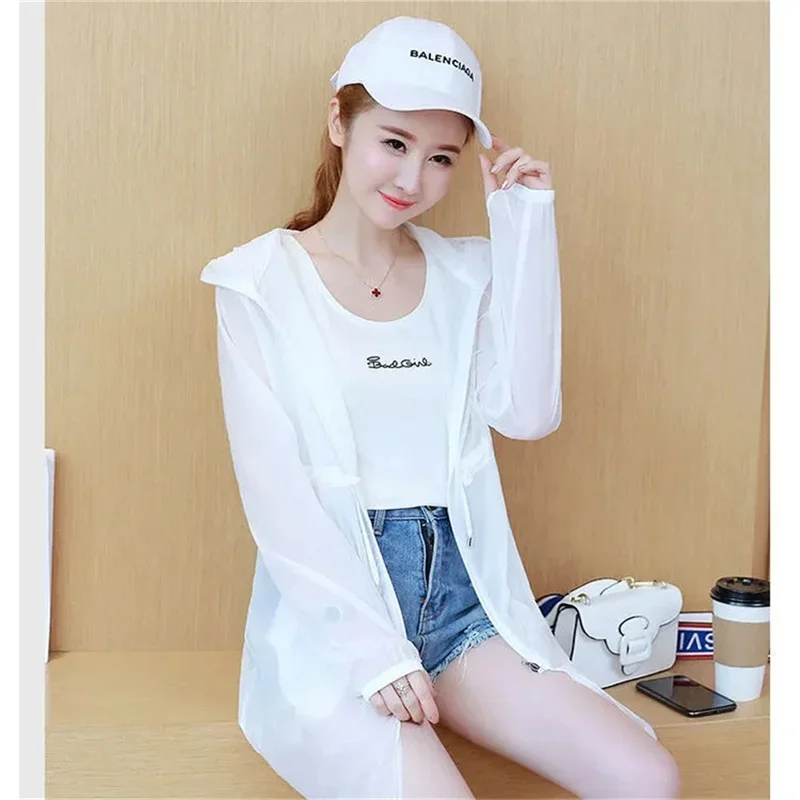 Pop Sun Protection Clothing Women Mid-Length 2025 Summer New Loose Size 4XL Femme Thin Sunscreen Windbreaker Thin Jacket With Ho