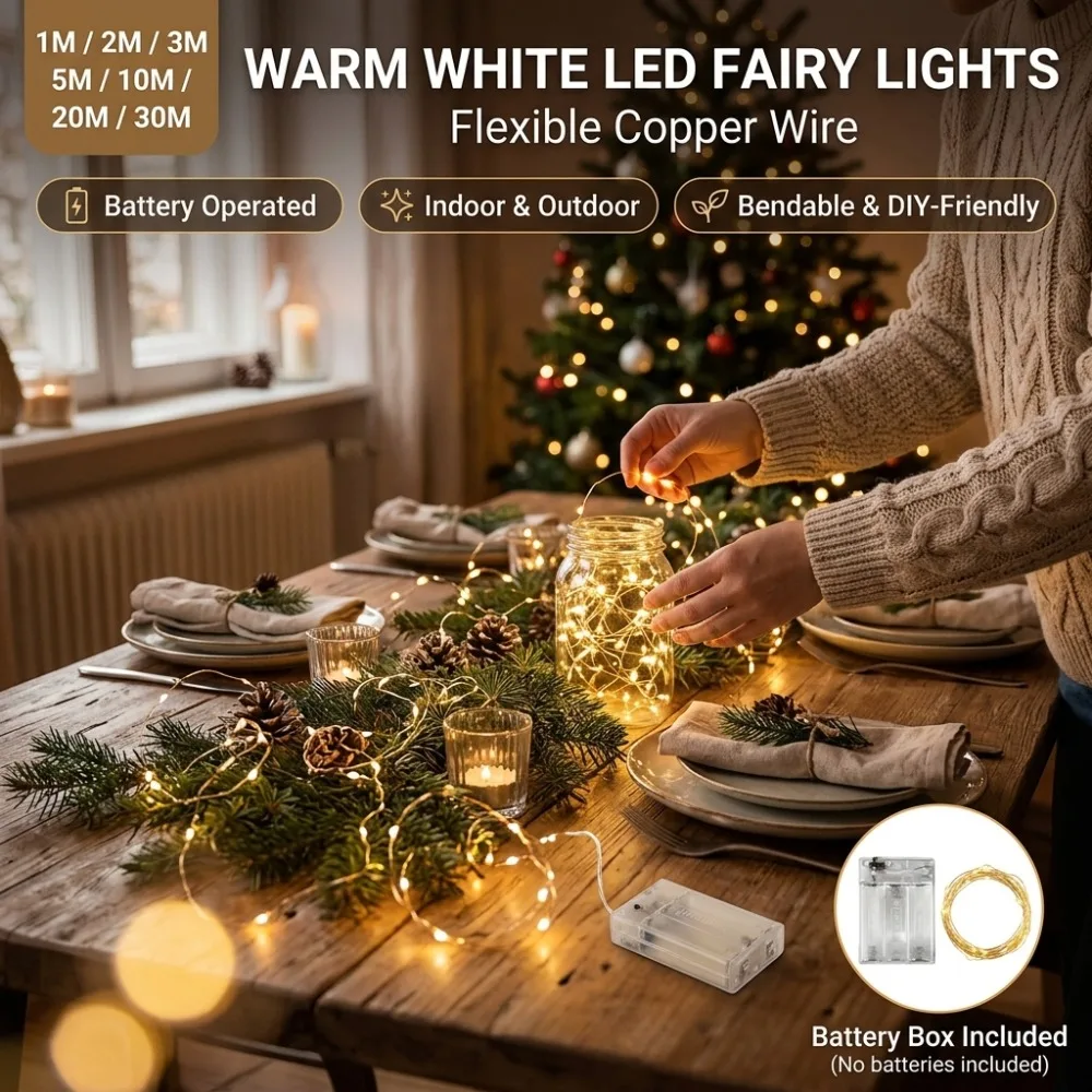 Battery Powered Copper Wire Lights Twinkling Warm White 1M 2M 3M 5M 10M for Christmas Wedding Party Table Decor