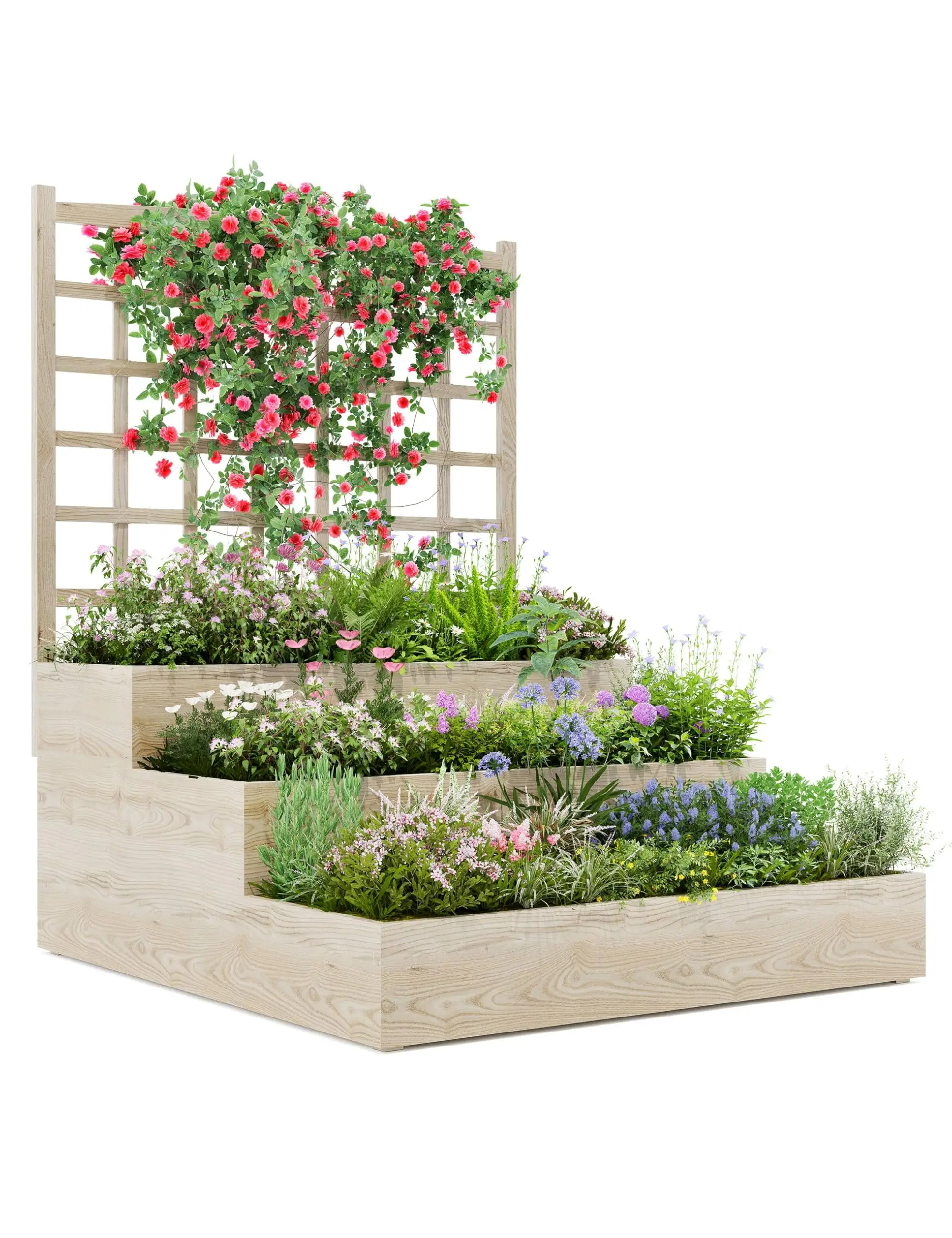 3-stufiges vertikales Hochbeet aus Holz für den Außenbereich mit Rankgitter für Kletterpflanzen, Gemüse, Kräuter und Blumen. Erhöhter Pflanzbereich, platzsparend, offener Boden mit Drainage für