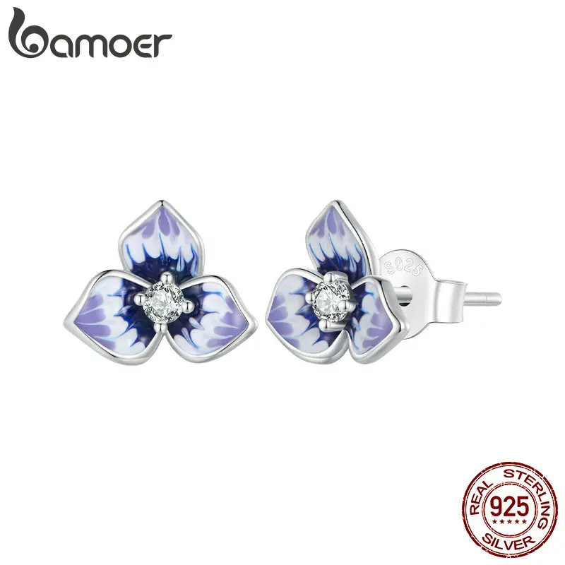 Bamoer 925 Sterling Silver Pansy Stud Earrings Fashion Purple Flower Earrings Enamel Process for Women Exquisite Party Jewelry