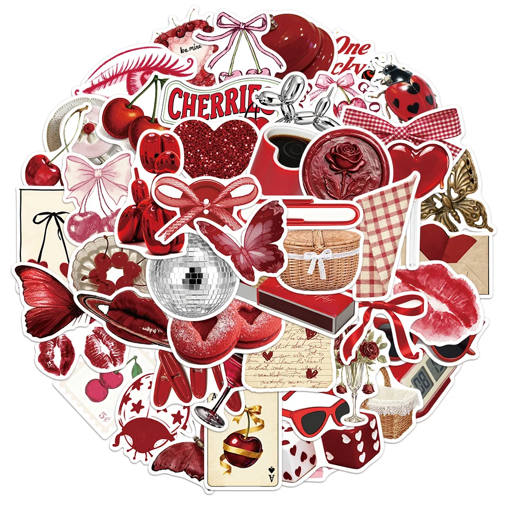 Juego de 50 Uds de pegatinas de dibujos animados de color cereza, funda de teléfono DIY, decoración de ordenador portátil, guitarra, pegatinas impermeables