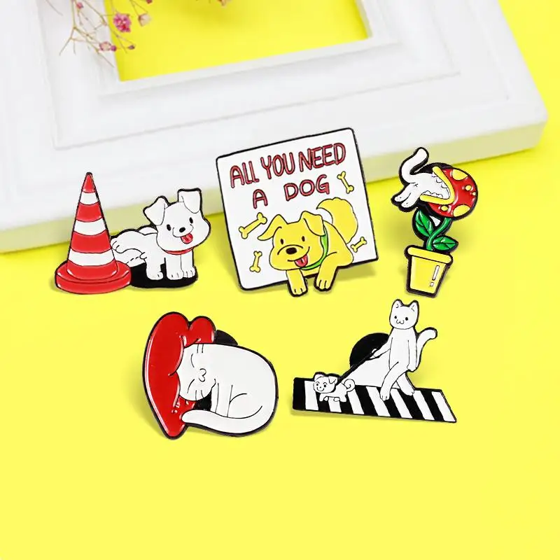 Pins White Pet Cat And Dog ‘ALL YOU NEED A DOG’ Brooches Lapel shirt Bag Metal Badges Jewelry Gift Cartoon Animal Enamel