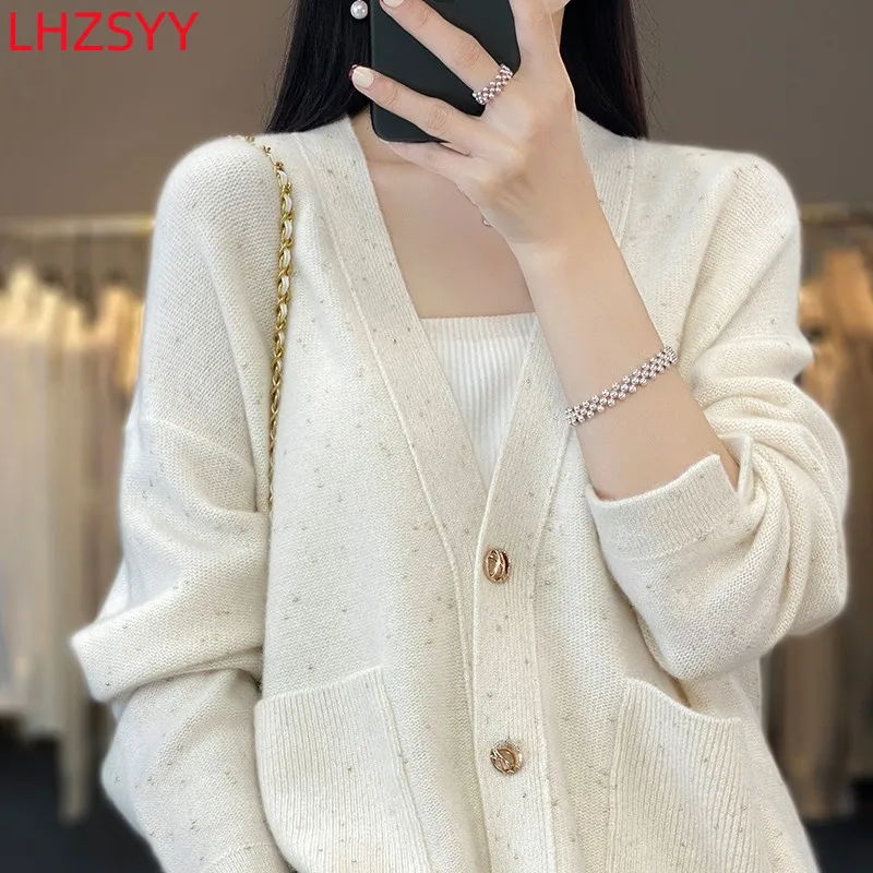 Women\'s Jacket New 100% Pure Wool Cardigan Autumn V-neck Color Dots Large Size Sweaters Coat Loose Knit Thick Shirt High-end Top