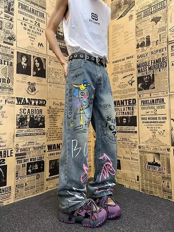 

American fiti Print Straight Leg Men's Jeans High Street Design Loose Vintage Wide Leg Floor-Length Casual Trousers