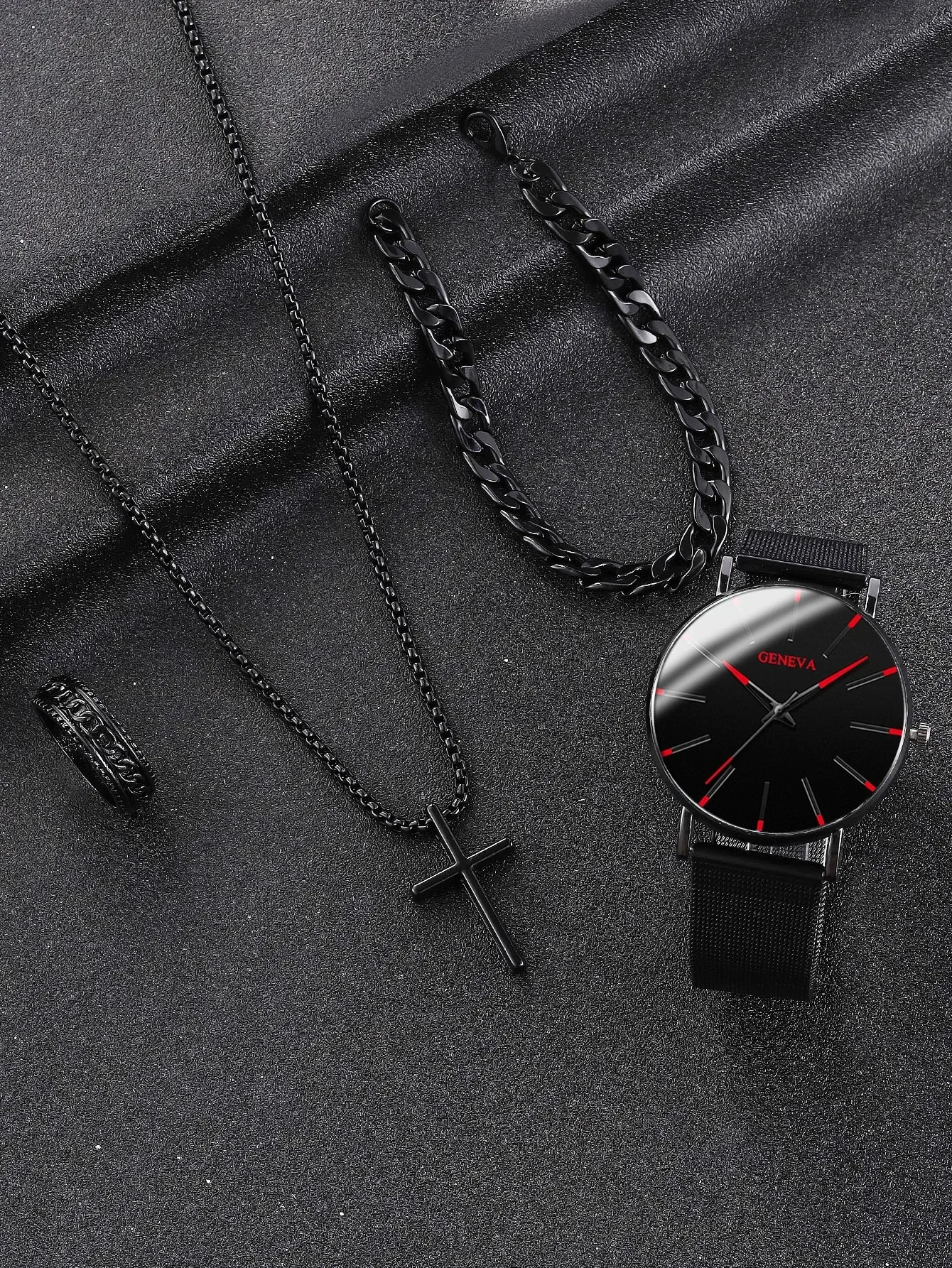 Men 4 in 1 Minimalist Watch Set Black Mesh Quartz Wristwatch Cross Necklace Cuban Bracelet Ring Reloj Hombre No Box