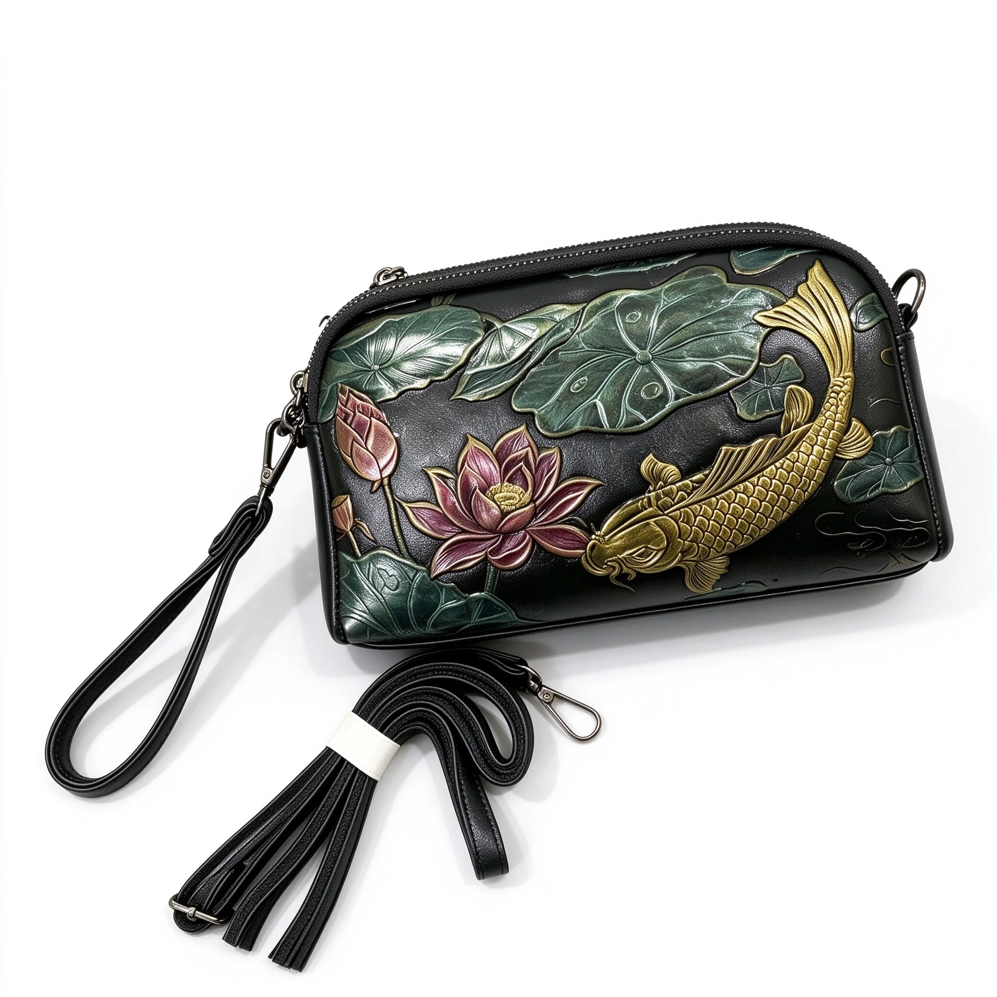 Golden Fish Green Flower PU Leather Black Chinese Style Embossed Koi Fish Lotus Crossbody Shoulder Bag Handbag Purse for Women