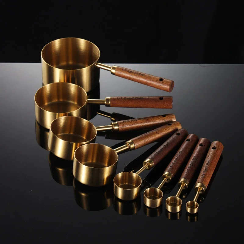 8Pcs Holzgriff Edelstahl Messbecher Löffel Backen Werkzeuge Kaffee Messlöffel Set Bartending Skala Zubehör