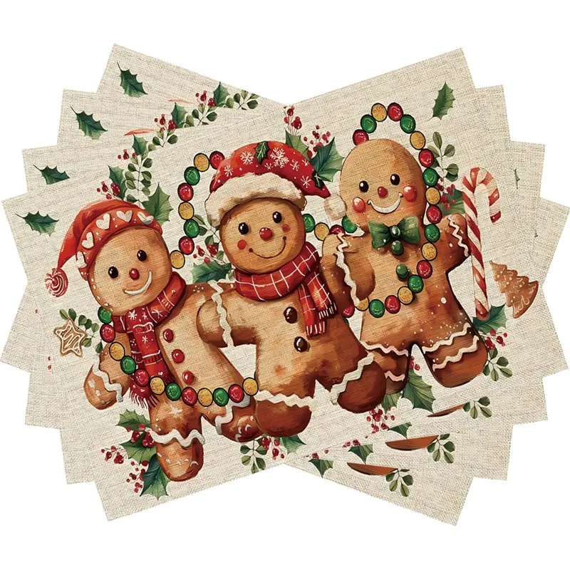VIKAMA Christmas Linen Placemats, Two Snowmen Hot Cocoa Candy Canes, Absorbent Washable Quick Dry, Holiday Dinner
