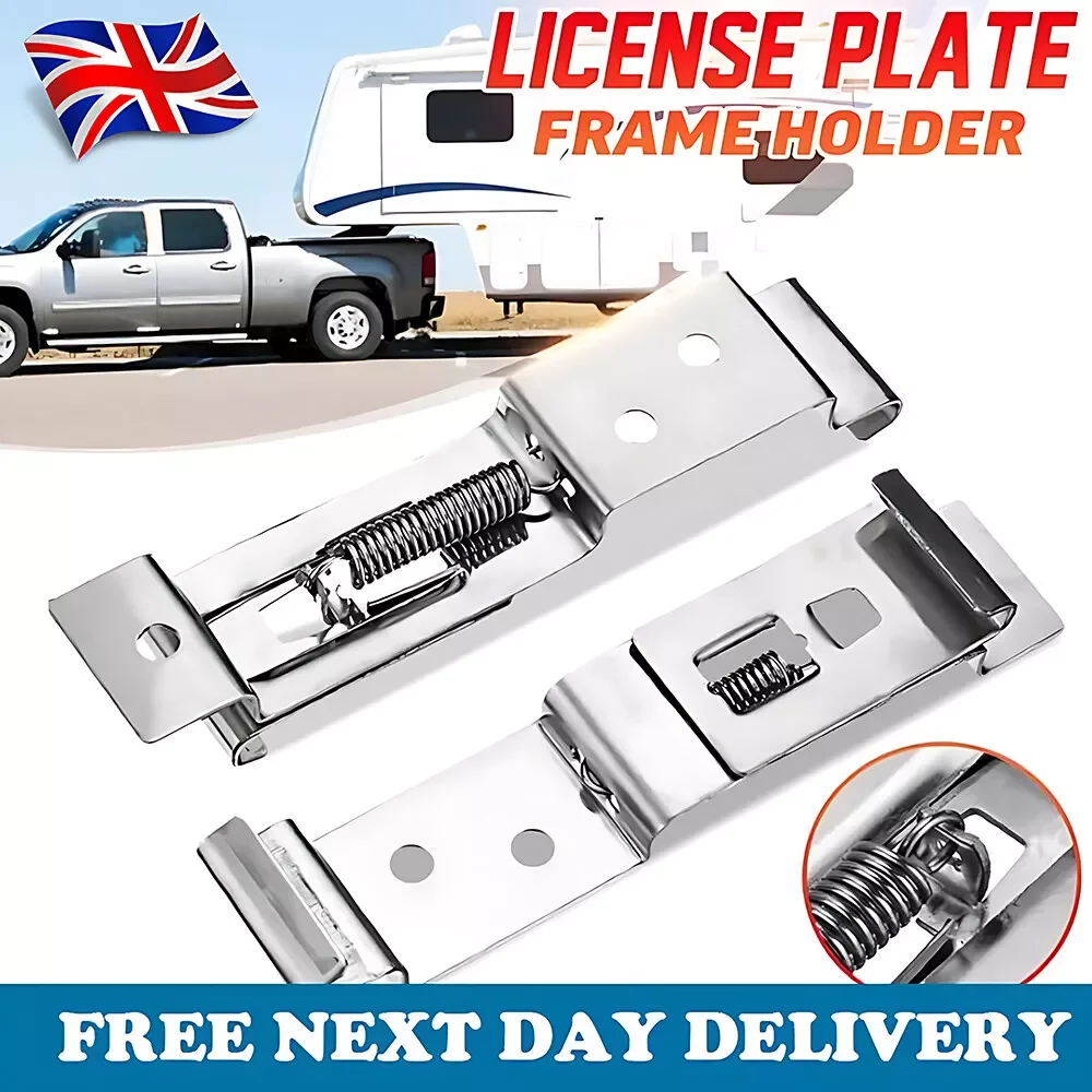 2PC Caravans Trailer Number Plate Clips Holder Spring Loaded Stainless Steel New UK For Standard Numbers Plates 11cm X 52cm