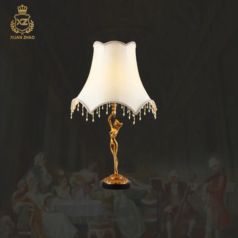 

French Retro Medieval Brass Table Lamp with Fabric Shade - Romantic Decor for Villa Hotel Living Room Bedroom​