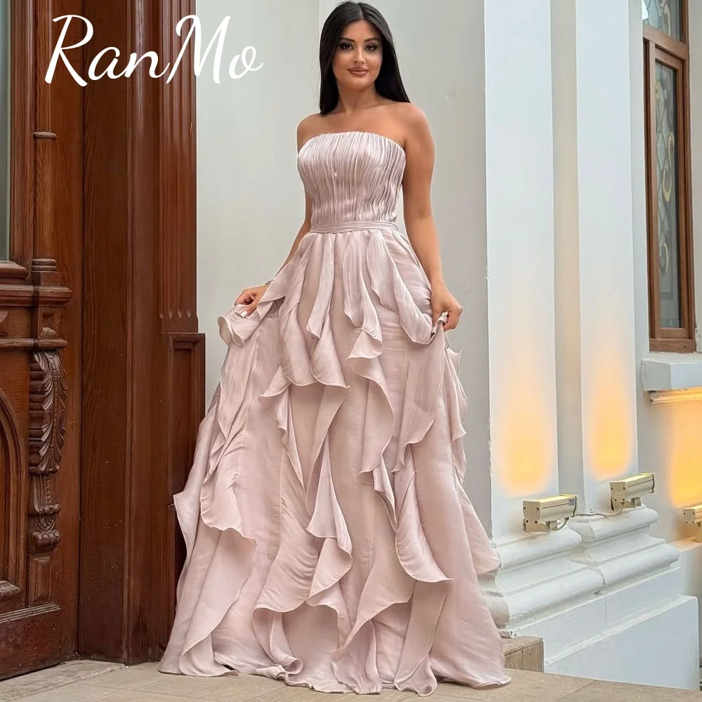 

Ranmo Modern A Line Evening Gowns for Women Strapless Ruffles Pleats Vestido de Gala Customized Floor Length Arabic Prom Gowns