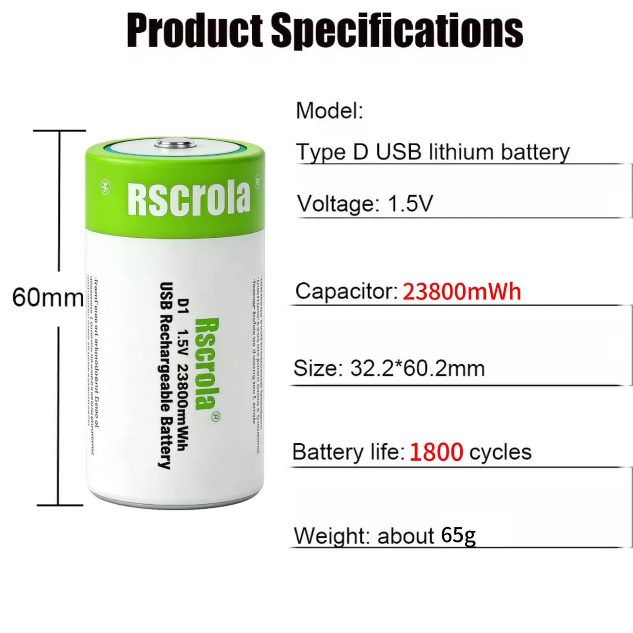 23800mWh High Capacity LR20 D1 Rechargeable Battery - 1.5V Lithium Polymer (Li-Po) - Fast Charging via USB-C Cable