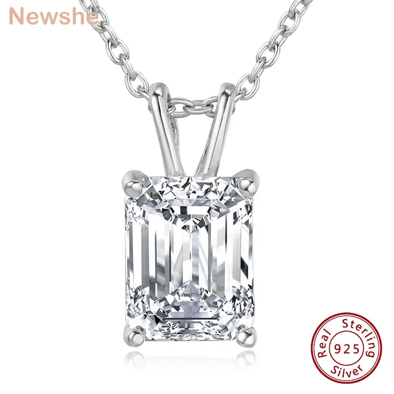 Newshe Solitaire Emerald Cut Pendant Necklace for Women 925 Sterling Silver Wedding Jewelry Cubic Zirconia Valentines Gift