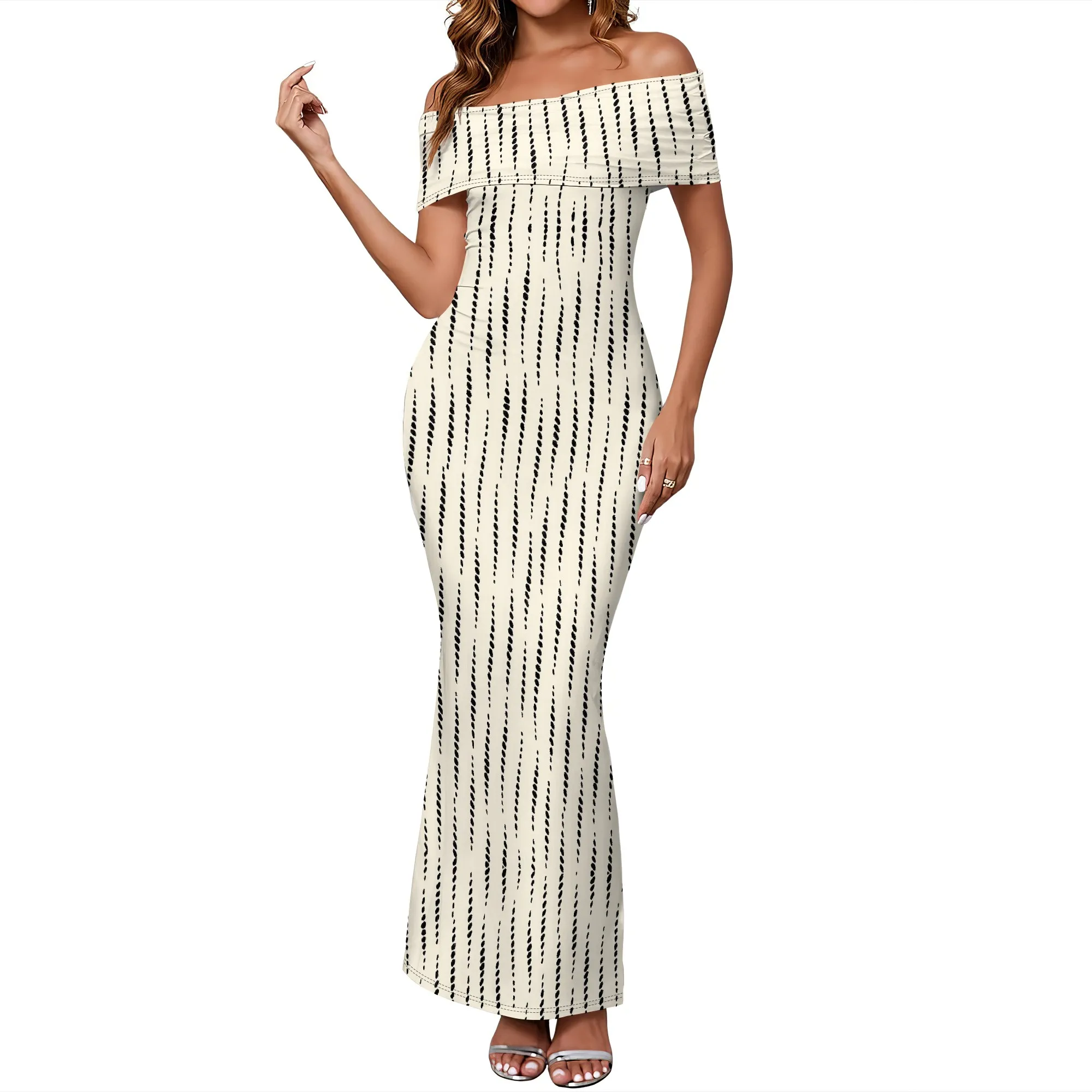 Damen-Maxikleid mit Mesh-Blumenmuster, 2025, Sommer, schulterfrei, gerüscht, figurbetont, lange Cocktailparty-Kleider