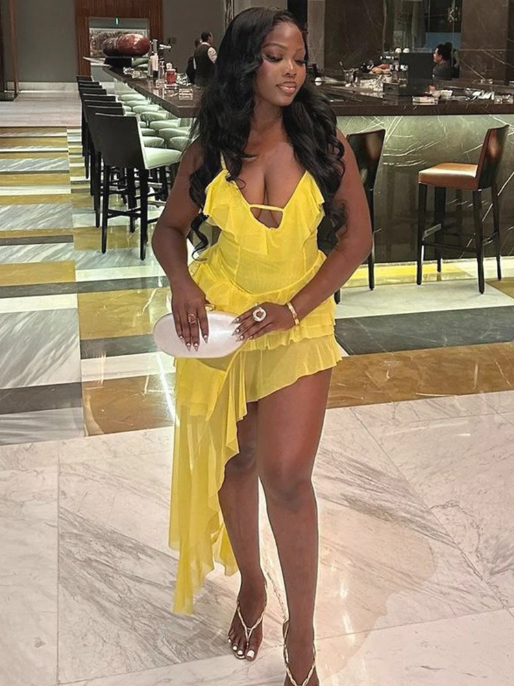 

Summer Elegant Yellow Dress for Woman Birthday Evening Sexy High Slit Dress V Neck Spaghetti Strap Party Dress