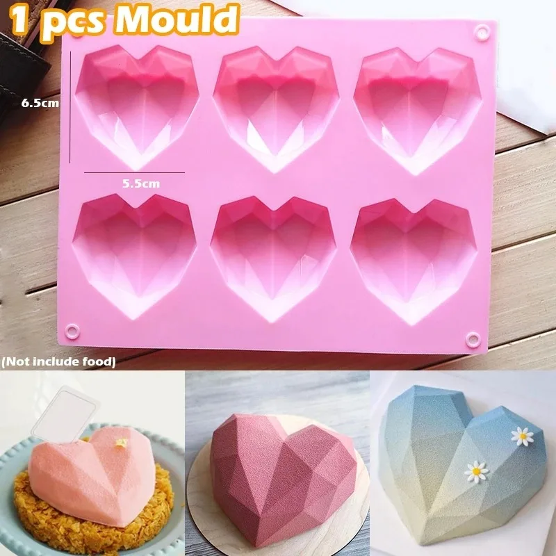 

1Pc 6 Cavity Heart Shaped Silicone Mould Cake Mousse Pastry Bakeware Tools Form For Soap French Dessert Diamond Baking Mold