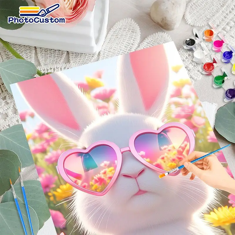 PhotoCustom White Rabbit Paint By Numbers DIY Artwork Animal Easy Paint Wall Decor Acrylic on Canvas Paints