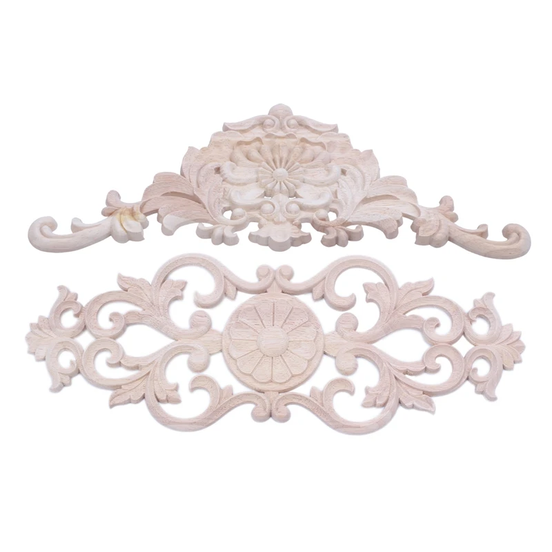 

2X Rubber Wood Carved Applique Retro Furniture Craft Decor 38X15x1.2Cm & 40X15cm