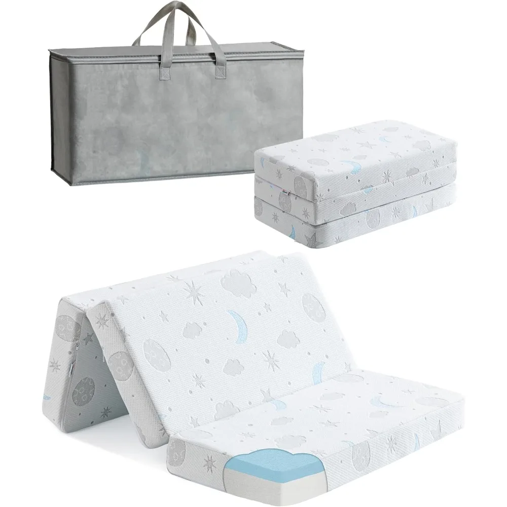 

Three Fold Ready To Use Mattress Suitable for Infants and Young Children's Travel,Breathable Soft Plush Memory Sponge,Removable