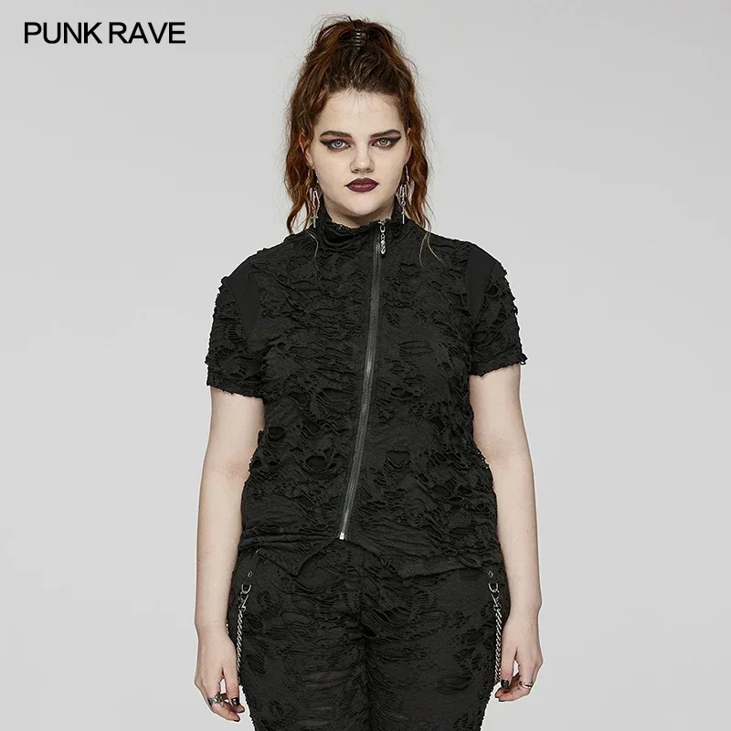 

PUNK RAVE Women's Punk Wasteland Elastic Tie-dyed Tattered T-shirt Cool Cross-cut Front Chest Zipper Design Tops Spring/Summer